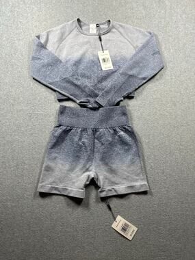 AYBL Pulse Ombre Seamless 2-Piece Gym Set Women's Gray/Blue Crop Top Shorts NWT